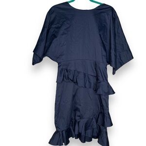 Fame And Partners Amelia Dress Size 6 Poplin Short Sleeve Ruffle Skirt Navy Blue